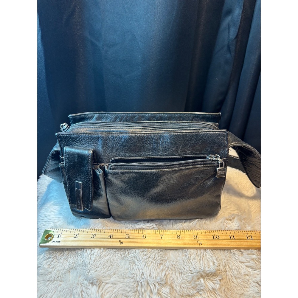 Perlina New York Black Leather Multi Compartment Crossbody Shoulder Bag
